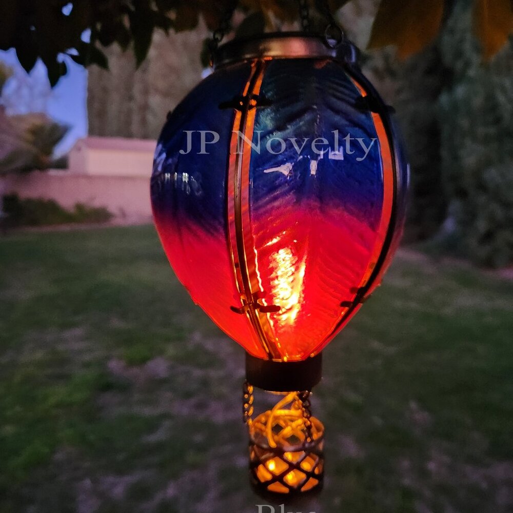 Blue-Glass/Metal Hot Air Balloon With Flickering Solar Light Garden Decor